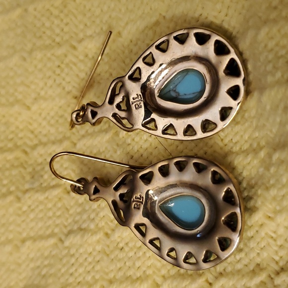 Ralph Lauren tear drop shape turquoise color stone and gold tone French hooks - Picture 2 of 2
